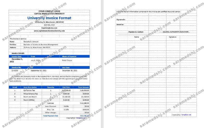 Sample University Invoice Template